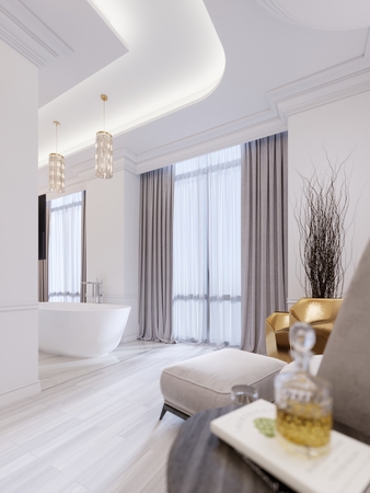 Modern bathroom with a window, hanging chandelier, curtains, bathroom. 3d rendering.の写真素材