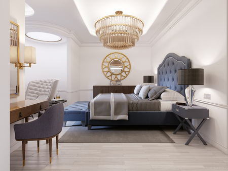 Luxurious presidential hotel room with a bedroom and an open bathroom area in white and light colors in a modern style. 3D rendering.の写真素材