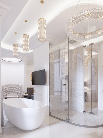 Luxurious contemporary bathroom with a free-standing bath and TV on the wall, shower, vanity with mirror and wall lamp. 3d rendering.の写真素材