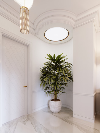 Beautiful large pot in a marble pot in the interior of the living room with lighting in the ceiling. 3d rendering.の写真素材