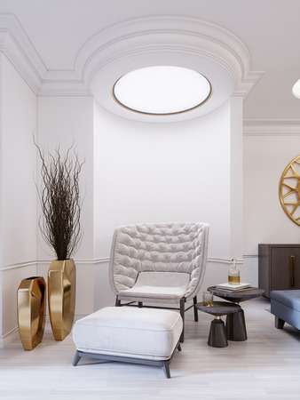 Modern white fashionable armchair with footrest, low table with decor and a golden vase with dry twigs. White modern interior with ceiling lights. 3d rendering.の写真素材