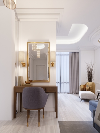 Designer working and dressing table made of wood with a mirror in a gilded frame and glowing sconces on the wall in the suite. 3d rendering.の写真素材