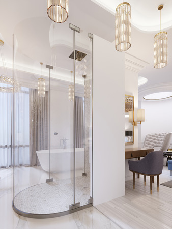 Modern open bathroom in guest room with bath and shower. 3d rendering.の写真素材