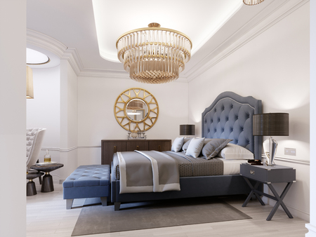 Modern bed in classic blue style with bedside table and lamp. Large glass chandelier over. A dresser with a decor and a golden mirror above. Modern bedroom. 3d rendering.の写真素材