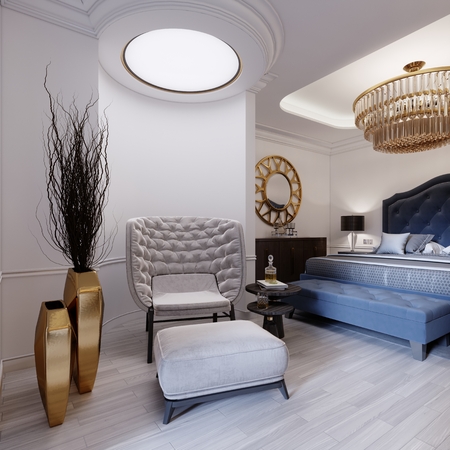 Luxurious presidential hotel room with a bedroom and an open bathroom area in white and light colors in a modern style. 3D rendering.の写真素材