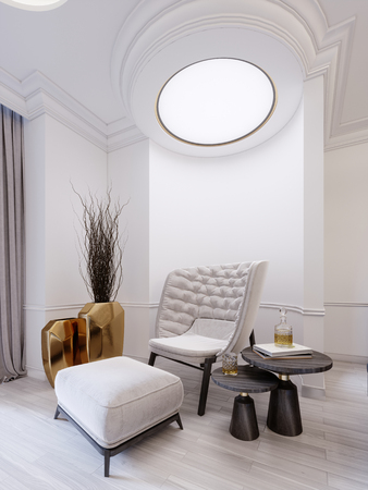 Modern white fashionable armchair with footrest, low table with decor and a golden vase with dry twigs. White modern interior with ceiling lights. 3d rendering.の写真素材