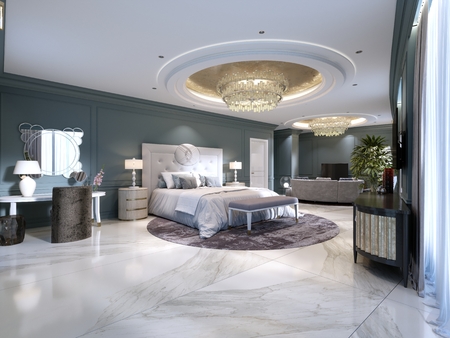 Guest room in a luxurious new hotel with open space, a bedroom and a living room lounge. 3d rendering.の写真素材