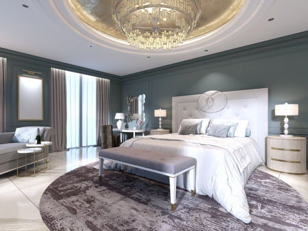 Elegant bedroom interior with large comfortable bed and sofa with dressing table. 3d renderingの写真素材