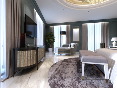 Guest room in a luxurious new hotel with open space, a bedroom and a living room lounge. 3d rendering.の写真素材