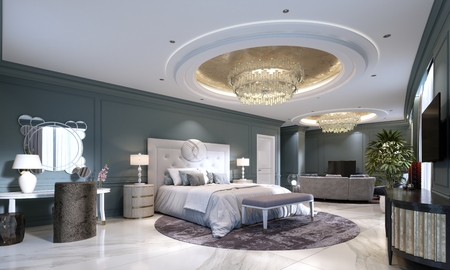 Guest room in a luxurious new hotel with open space, a bedroom and a living room lounge. 3d rendering.の写真素材