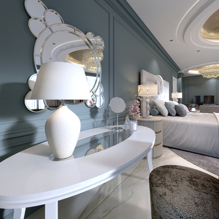 Classic white dressing table with a round mirror and soft chair in the bedroom. 3d renderingの写真素材