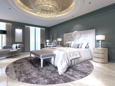 The modern design of the bedroom with a large white bed and a stool with a dressing table nearby. dark walls light furniture, white marble floor. 3d rendering.の写真素材