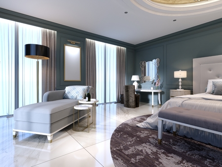 The modern design of the bedroom with a large white bed and a stool with a dressing table nearby. dark walls light furniture, white marble floor. 3d rendering.の写真素材