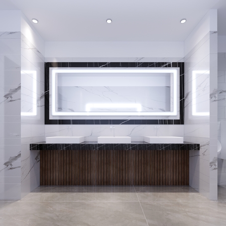 three sinks on the marble black countertop and a large mirror in the frame. Public toilet. 3d renderingの写真素材