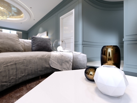 Decorative vases on the white table, golden vase, depth of field effect. 3d renderingの写真素材