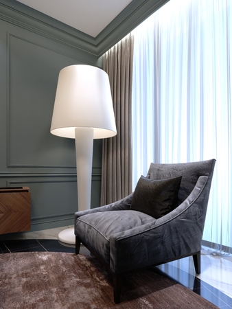 Comfortable chair with a large white floor lamp in the room. 3d renderingの写真素材