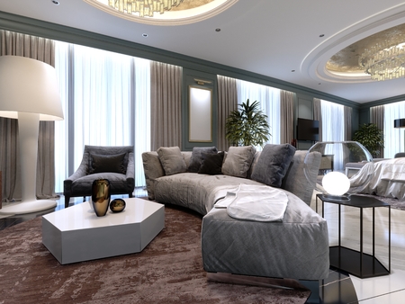 Guest room in a luxurious new hotel with open space, a bedroom and a living room lounge. 3d rendering.の写真素材