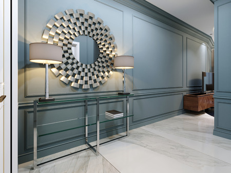 The corridor in the apartment with a modern metal console with glass shelves and luminous lamps and a round mirror on the wall. Hall corridor interior design with blue walls and white doors. 3d renderingの写真素材