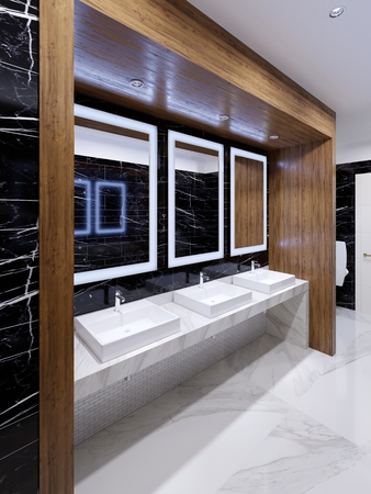 Wooden niche with mirrors, lights and sinks on the wall of black marble in a public toilet. 3d renderingの写真素材