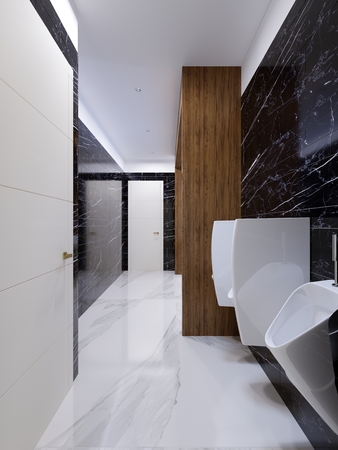 Modern public toilet in contemporary style with a wooden niche and black marble walls. 3d renderingの写真素材