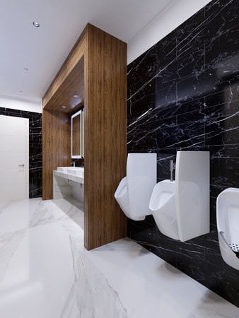Modern public toilet in contemporary style with a wooden niche and black marble walls. 3d renderingの写真素材