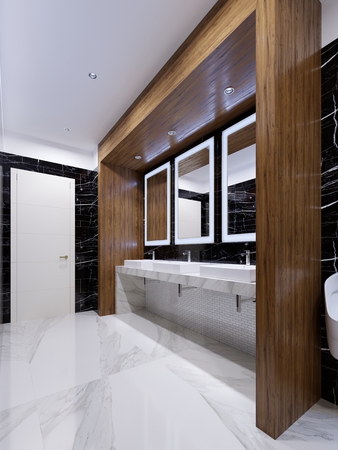 Wooden niche with mirrors, lights and sinks on the wall of black marble in a public toilet. 3d renderingの写真素材