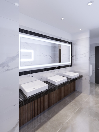 three sinks on the marble black countertop and a large mirror in the frame. Public toilet. 3d renderingの写真素材