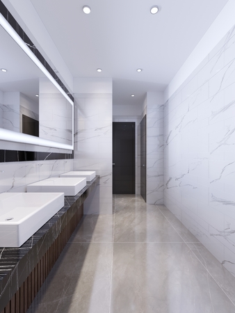 Design of a public toilet in white and black marble. 3d renderingの写真素材