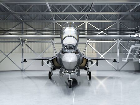 Subtle multifunctional fighter-bomber, fifth generation. Modern fighter in the hangar. 3D rendering.の写真素材