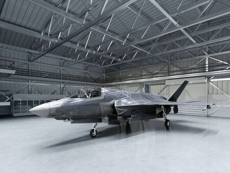 Subtle multifunctional fighter-bomber, fifth generation. Modern fighter in the hangar. 3D rendering.の写真素材