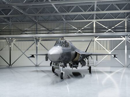 Subtle multifunctional fighter-bomber, fifth generation. Modern fighter in the hangar. 3D rendering.の写真素材