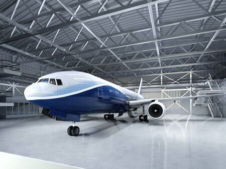 Modern passenger airliner in the hangar. 3D rendering.の写真素材