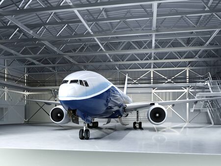 Modern passenger airliner in the hangar. 3D rendering.の写真素材