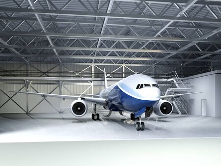 Modern passenger airliner in the hangar. 3D rendering.の写真素材