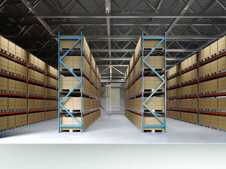 Large storage room with shelving and pallets. 3D rendering.の写真素材