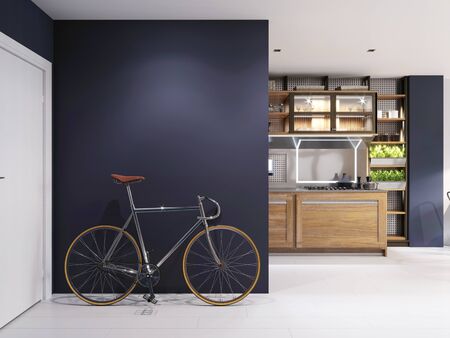 Bicycle in the interior against a blue wall in a studio apartment with a view of the kitchen. 3D rendering.の写真素材