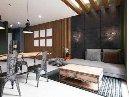 Modern sofa and dining table with iron chairs in the loft interior of a studio apartment. Dark concrete panel and wooden planks on the wall. 3D rendering.の写真素材
