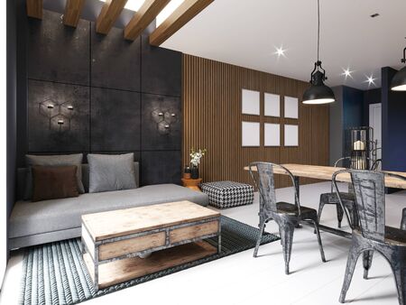 Modern sofa and dining table with iron chairs in the loft interior of a studio apartment. Dark concrete panel and wooden planks on the wall. 3D rendering.の写真素材