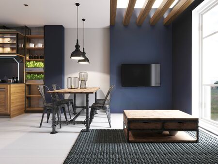 Area with a TV in a studio apartment with a loft style kitchen. Wooden designer dining table and modern kitchen. 3D rendering.の写真素材