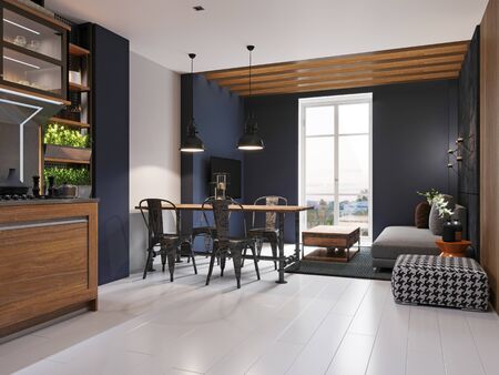 Modern sofa and dining table with iron chairs in the loft interior of a studio apartment. Dark concrete panel and wooden planks on the wall. 3D rendering.の写真素材