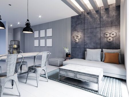 Modern area with a TV in a studio apartment with a loft style kitchen in white color. Designer dining table, modern kitchen and sofa with ottoman. 3D rendering.の写真素材