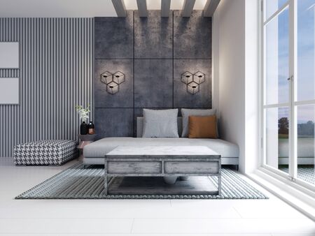 Modern area with a TV in a studio apartment with a loft style kitchen in white color. Designer dining table, modern kitchen and sofa with ottoman. 3D rendering.の写真素材