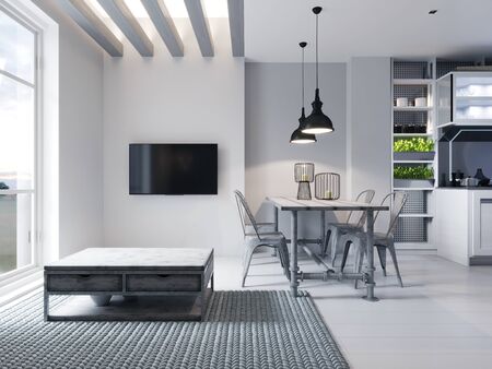 Modern area with a TV in a studio apartment with a loft style kitchen in white color. Designer dining table, modern kitchen and sofa with ottoman. 3D rendering.の写真素材
