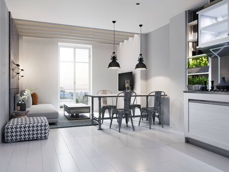 Dining room with dining table and sitting area with sofa in a modern white loft style kitchen. 3D rendering.の写真素材