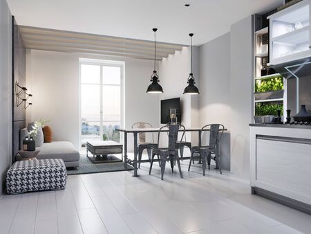 Dining room with dining table and sitting area with sofa in a modern white loft style kitchen. 3D rendering.