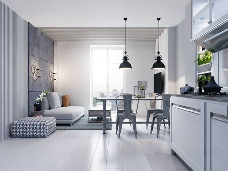 Dining room with dining table and sitting area with sofa in a modern white loft style kitchen. 3D rendering.の写真素材