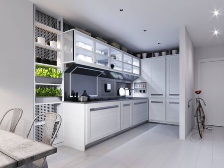 White corner kitchen in contemporary design with modern technological furniture. 3D rendering.の写真素材