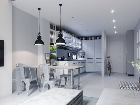 Kitchen with a white dining table in Scandinavian style and loft elements. 3D rendering.の写真素材