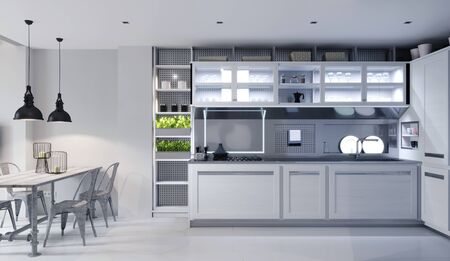White corner kitchen in contemporary design with modern technological furniture. 3D rendering.の写真素材