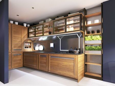 Modern kitchen with dark blue walls and wooden light furniture and white floor in hipster style. 3D rendering.の写真素材